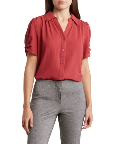 Adrianna Papell Puff Sleeve Button-up Top - Red