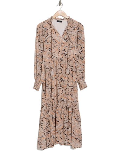 Tahari Paisley Split Neck Long Sleeve Maxi Dress - Natural