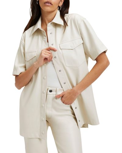 GOOD AMERICAN Resort Faux Leather Short Sleeve Button-up Shirt - Natural