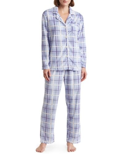 Anne Klein Plaid Long Sleeve Shirt & Pants Two-piece Pajama Set - Blue