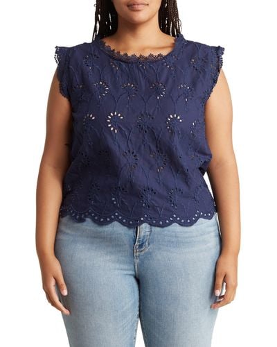 Forgotten Grace Lace Trim Embroidered Eyelet Cotton Blouse - Blue