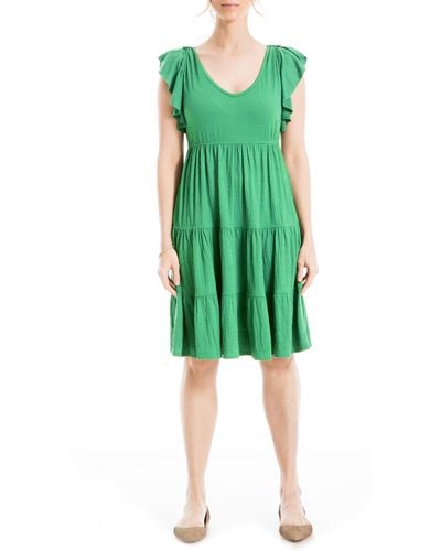 Max Studio Ruffle Cap Sleeve Tiered Jersey Babydoll Dress - Green