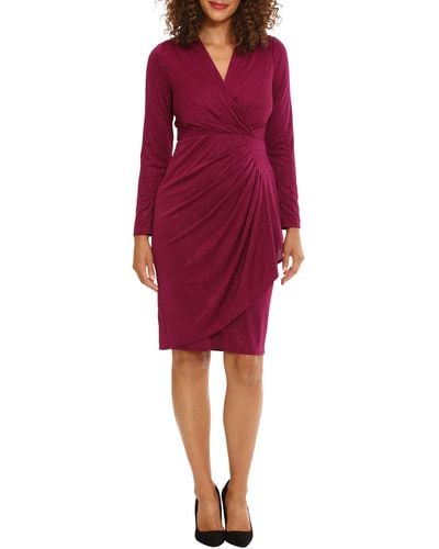 London Times Shimmer Long Sleeve Faux Wrap Dress - Red