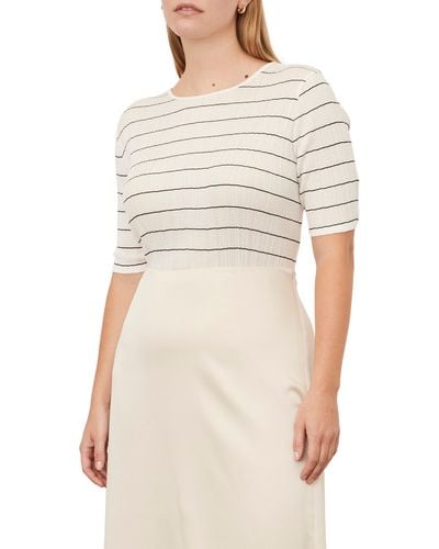 Vince Variegated Stripe Elbow Sleeve Cotton Top - White