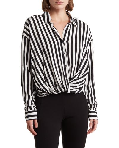 Ellen Tracy Stripe Knotted Long Sleeve Button-up Shirt - Black