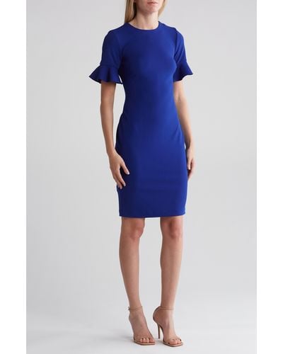 Calvin Klein Ruffle Short Sleeve Sheath Dress - Blue