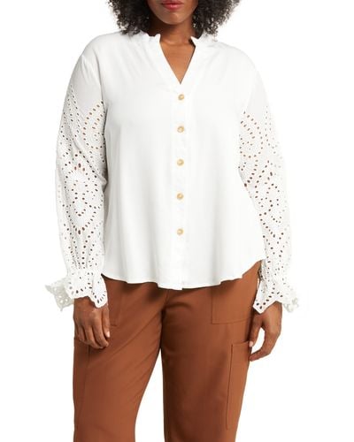 Forgotten Grace Embroidered Eyelet Long Sleeve Button-up Shirt - White