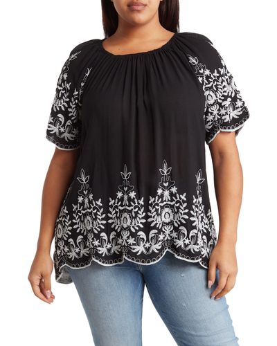 Forgotten Grace Embroidered Trim Peasant Tunic Top - Black