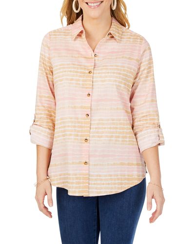 Foxcroft Zoey Northern Lights Tie Dye Cotton Sateen Button-up Shirt - Natural