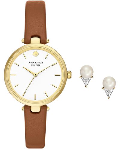 Kate Spade Holland Leather Strap Watch & Imitation Pearl Stud Earrings - Multicolor