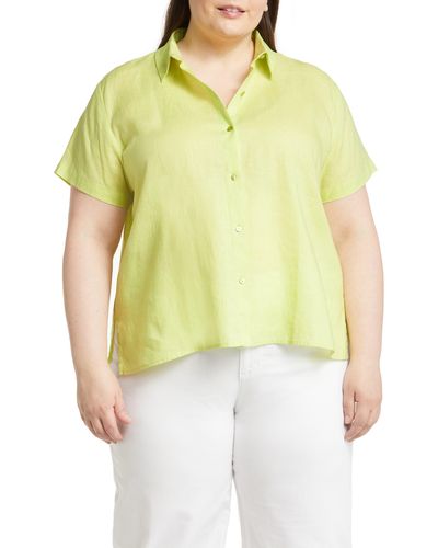 Eileen Fisher Classic Collar Short Sleeve Linen Button-up Shirt - Yellow