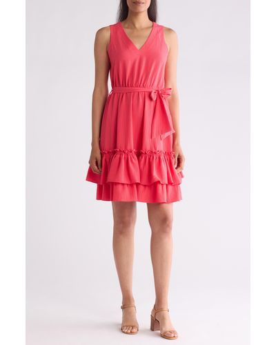 Calvin Klein Belted Ruffle Hem Gauze Dress - Red