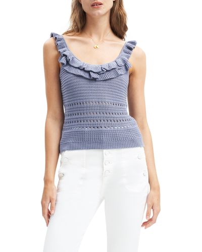 7 For All Mankind Openwork Ruffle Neck Sweater Tank - Blue