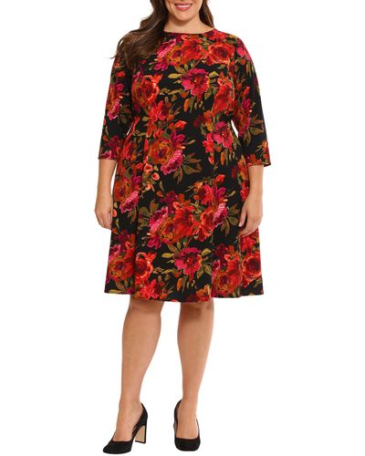 London Times Floral Fit & Flare Dress - Red
