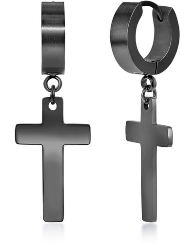 Black Jack Jewelry Stainless Steel Cross Charm Huggie Drop Earrings - Black