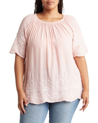 Forgotten Grace Embroidered Trim Peasant Tunic Top - Pink