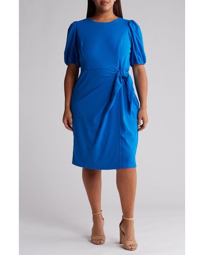 London Times Puff Sleeve Tie Waist Sheath Dress - Blue