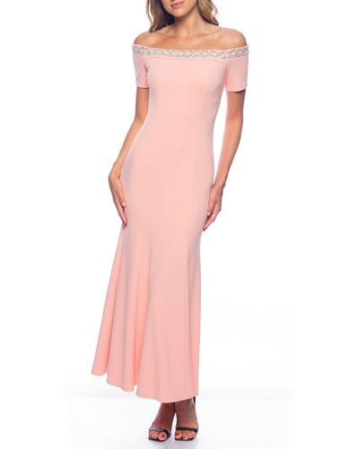 Marina Beaded Off-the-shoulder Short Sleeve Trumpet Gown - Pink