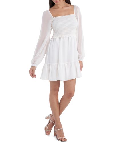 1.STATE Smock Bodice Ruffle Hem Long Sleeve Minidress - White