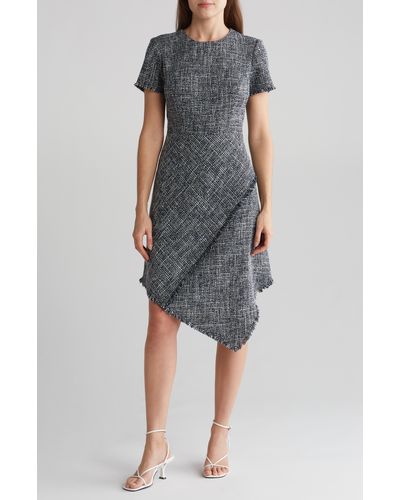Eliza J Asymmetric Tweed Fit & Flare Dress - Gray