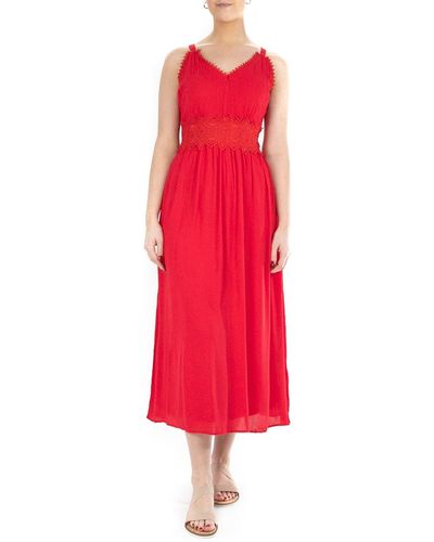 Nina Leonard Sleeveless Lace Trim Maxi Dress - Red