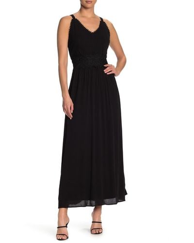 Nina Leonard Sleeveless Lace Trim Maxi Dress - Black