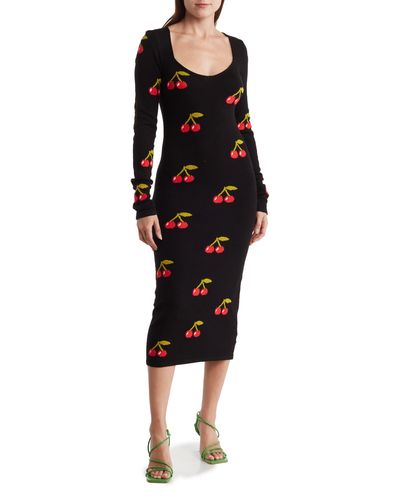 Betsey Johnson Avery Cherry Long Sleeve Midi Dress - Black