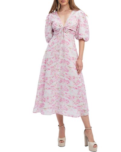 Bardot Farlow Floral Puff Sleeve Midi Dress - Pink