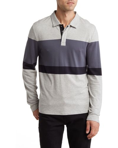 Threads For Thought Piqué Organic Cotton Blend Colorblock Stripe Long Sleeve Polo - Gray