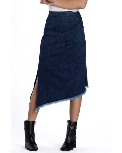 Wash Lab Denim Bustle Frayed Asymmetric Denim Midi Skirt - Blue