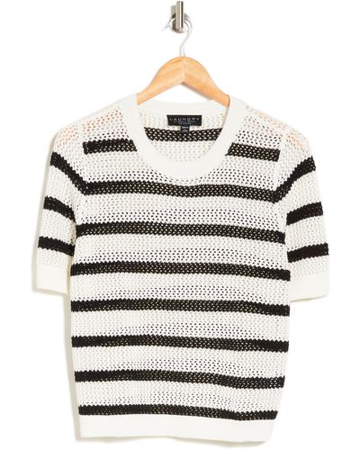 Laundry by Shelli Segal Open Weave Stripe Short Sleeve Sweater - Gray