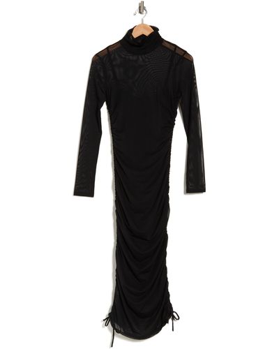 Wayf Ruched Mock Neck Long Sleeve Midi Dress - Black
