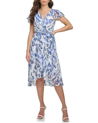 DKNY Flutter Sleeve Faux Wrap Dress - Blue