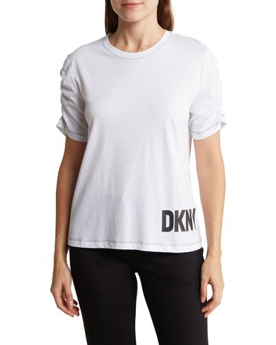 DKNY Ruched Short Sleeve Logo Top - White