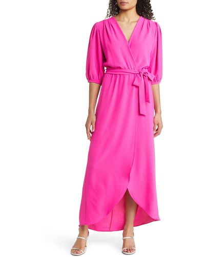 Fraiche By J Puff Sleeve Faux Wrap Maxi Dress - Pink