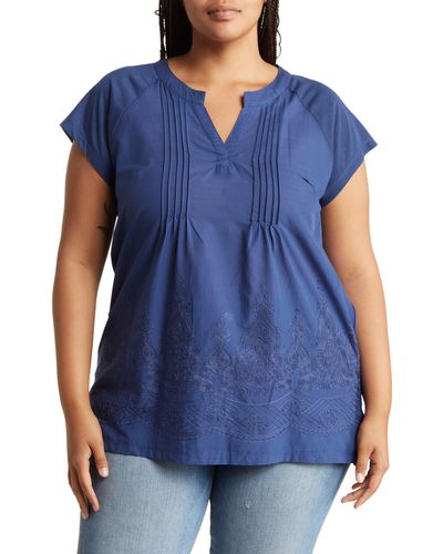 Forgotten Grace Pleated Embroidered Cotton Tunic Top - Blue