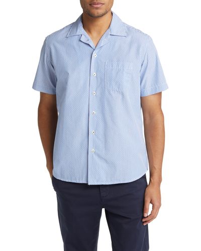 SOFT CLOTH Stripe Short Sleeve Button-up Camp Shirt - Blue