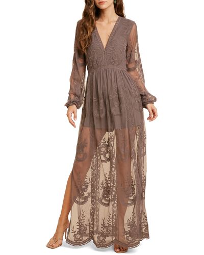 Wishlist Floral Embroidered Long Sleeve Maxi Dress - Brown