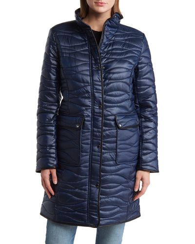 Via Spiga Faux Leather Trim Quilted Puffer Jacket - Blue