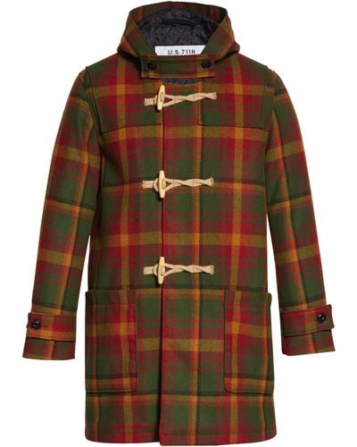 Schott Nyc Plaid Wool Blend Duffle Coat In Green At Nordstrom Rack - Red