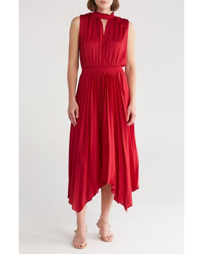 Tahari Pleated Mock Neck Sleeveless Dress - Red