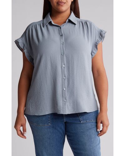 Pleione Crinkle Short Sleeve Ruffle Camp Shirt - Blue