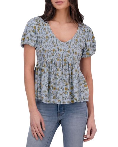 Lucky Brand Floral Smocked Puff Sleeve Top - Gray