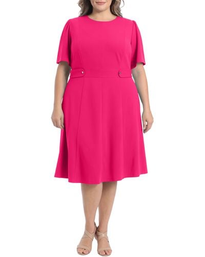 London Times Short Sleeve Fit & Flare Midi Dress - Pink
