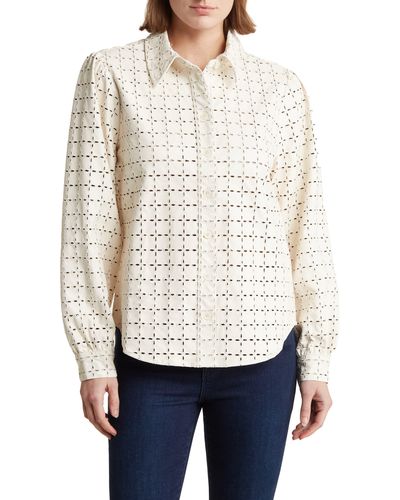 Seven7 Embroidered Eyelet Faux Leather Button-up Shirt - White