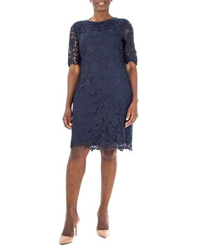 Nina Leonard Jewel Neck Lace Dress - Blue