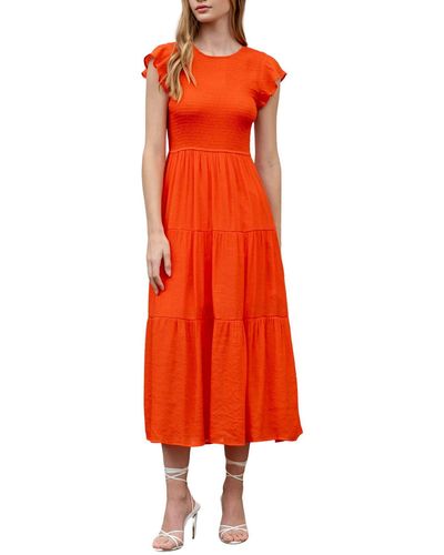 Blu Pepper Flutter Sleeve Smocked Tiered Midi Dress - Orange