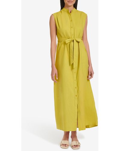 Calvin Klein Sleeveless Linen Blend Maxi Shirtdress - Yellow