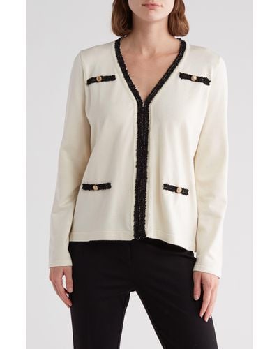 Adrianna Papell Boucle Trim V-neck Cardigan - Natural
