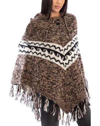 Saachi Tassel Wool Knit Poncho - Brown